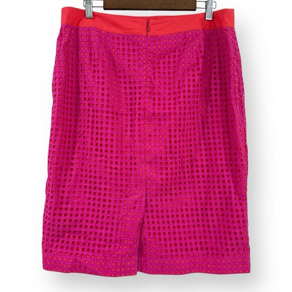 Talbots Pencil Skirt Sz 14 Pink Orange Geometric Eyelet Lined Cotton Knee Length - Picture 5 of 9